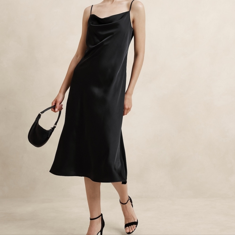 Banana Republic Black Satin Cowl Neck Midi Slip Dress, Size MP